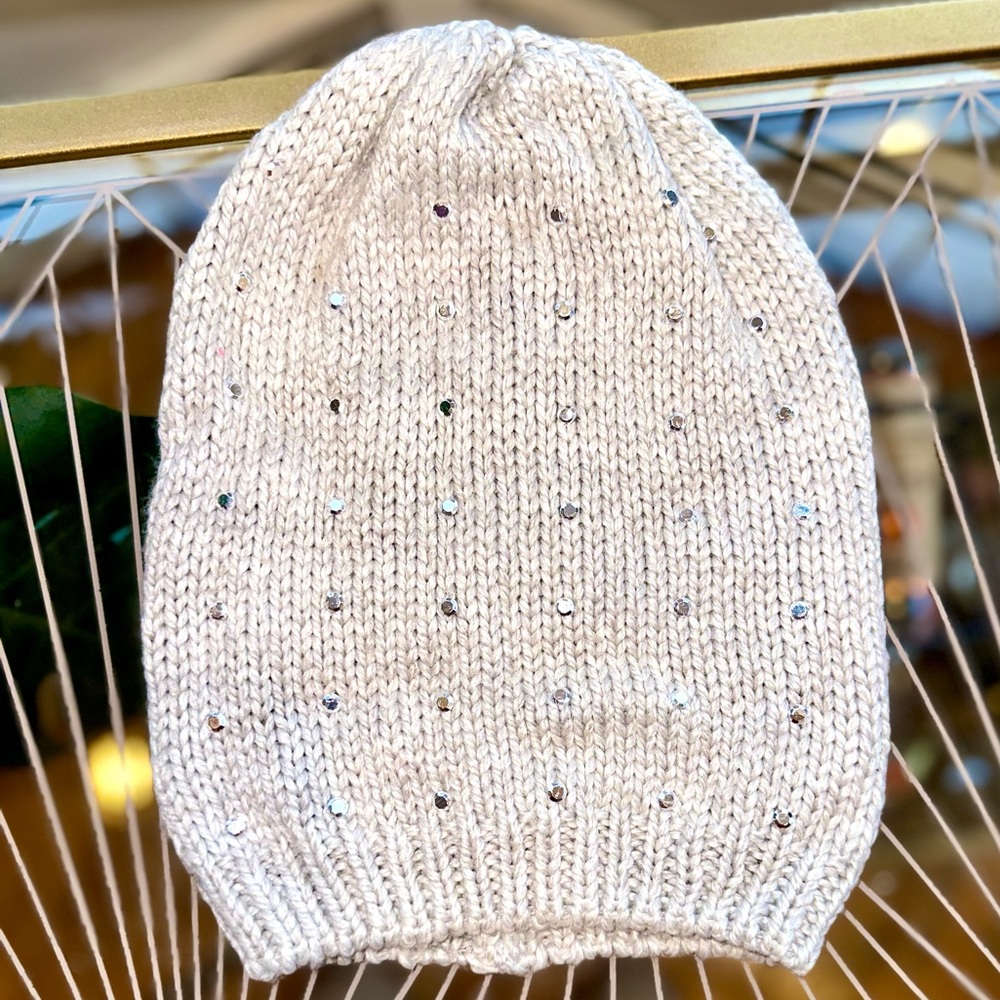 H&M Wool Blend Jeweled Knit Beanie - Light Gray & Silver